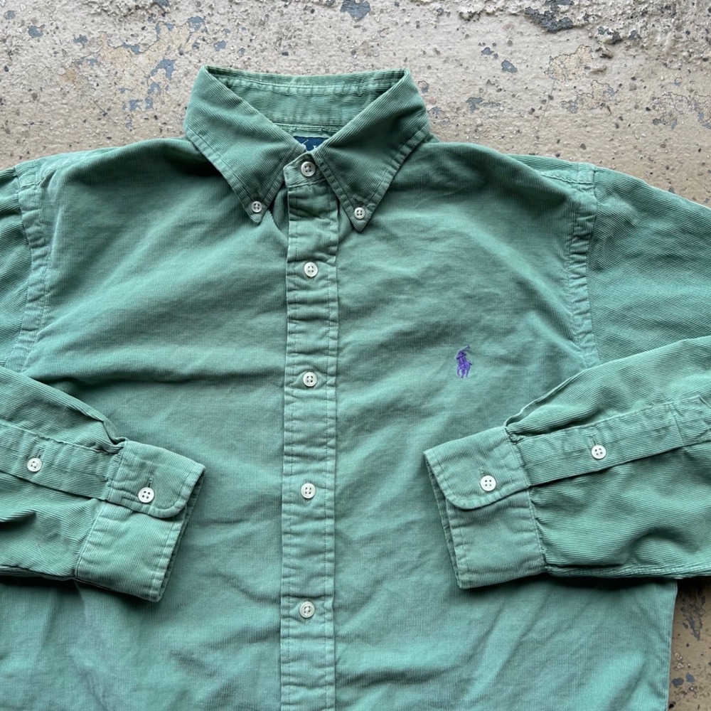 Vintage Polo Ralph Lauren Green Corduroy Shirt Custom Fit 90s Mens Medium